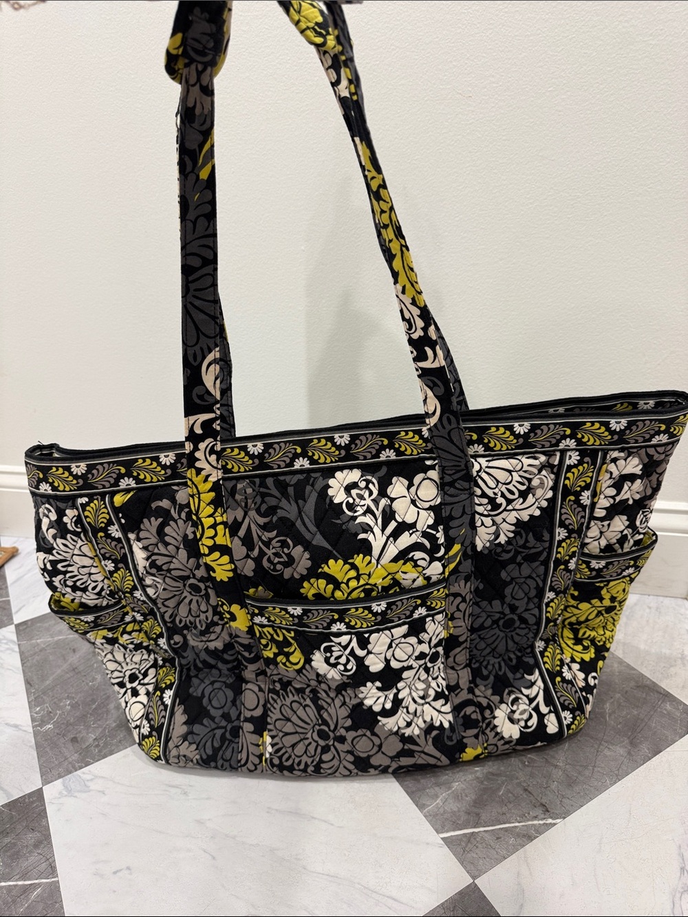 Vera Bradley Black, Gray & Yellow Floral Quilted Tote
